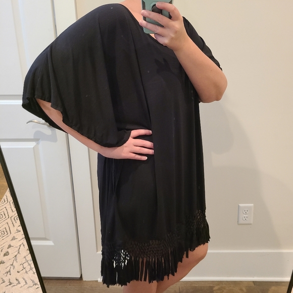 Dotti Black Wide Sleeve Lattice Fringe Hem Dress - Picture 2 of 10